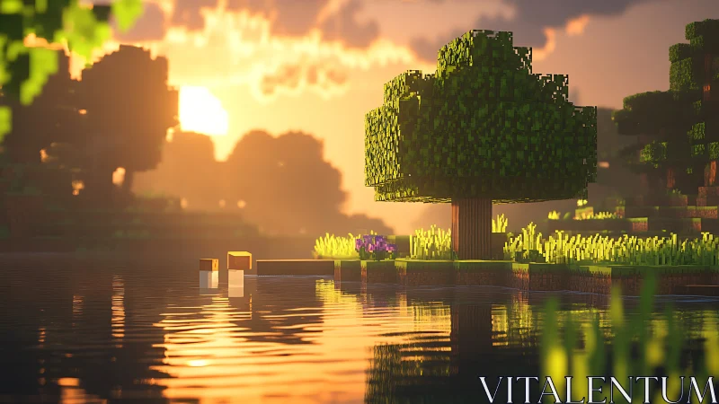 Voxel landscape shows sunlit tree by reflective water surface