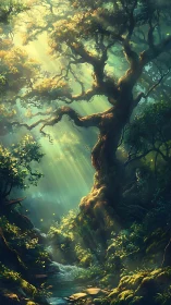 Ancient tree bathes in luminous forest atmosphere with god rays and foliage.