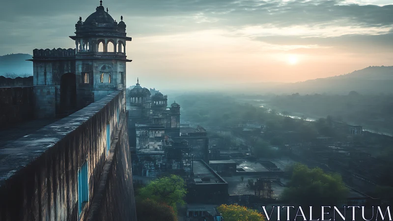 Stone fortification overlooks misty valley at sunrise