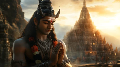 Devotional figure in ornate temple complex at golden hour.