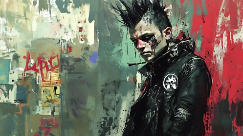 Urban punk loner amid grunge graffiti splatter backdrop.