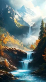 Skyfall cascades beneath a cloud-draped alpine crown.