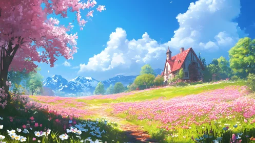 Spring cottage overlooks vivid flower meadow and peaks.