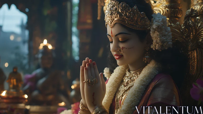 Divine devotional idol in golden temple bokeh lighting.