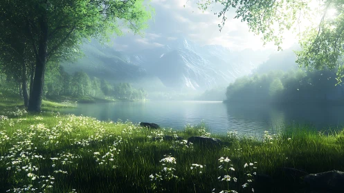 Morning light over peaceful lake and misty mountain valley.