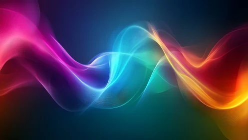 Flowing rainbow light waves dance across a deep blue space