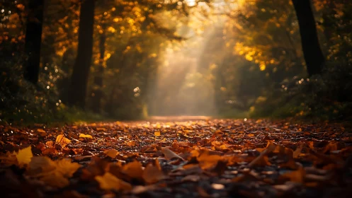 Forest pathway with autumn leaves and diffused light.