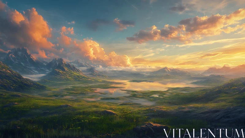 Volumetric sunset over glacial basins and alpine grasslands.