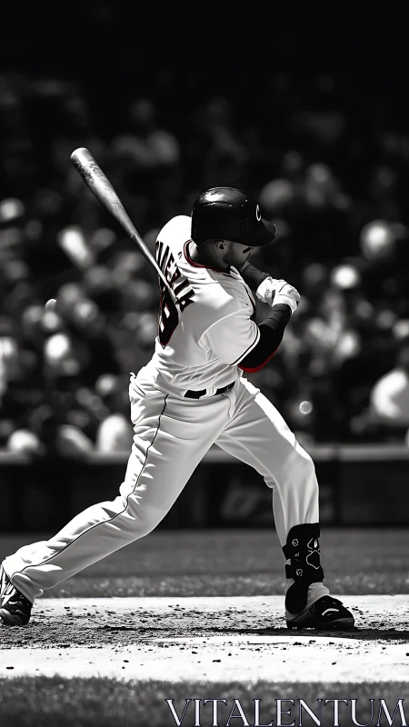 Monochrome baseball batter mid-swing with selective red accents