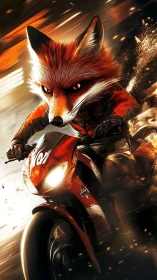 Digital painting of fox-headed motorcyclist in dynamic motion.