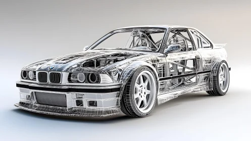 BMW sports car wireframe in detailed 3D rendering style.