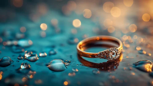 Gold diamond ring in cinematic macro bokeh lighting study
