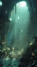 Submerged vaulted ruin with volumetric teal caustic light.