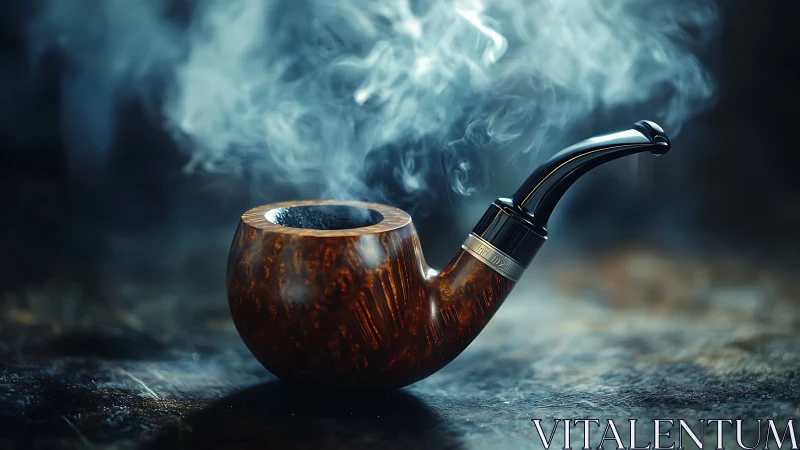 Smoldering briar tobacco pipe with swirling smoke plume.