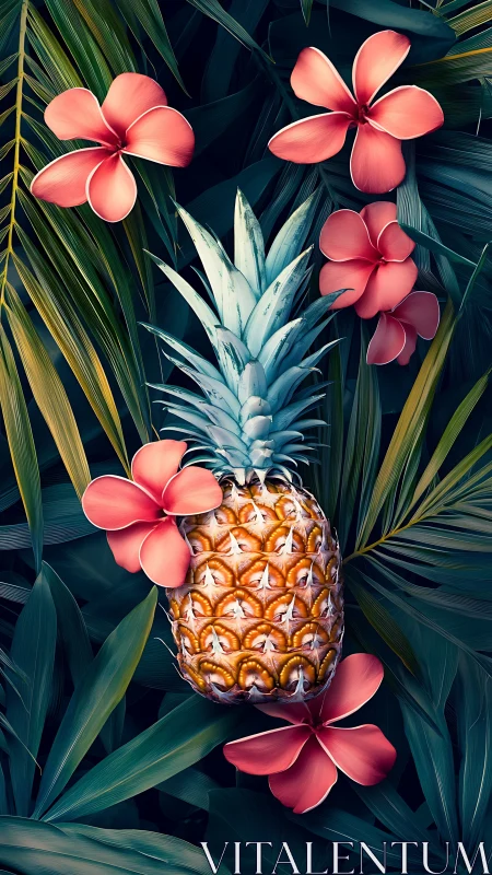Pineapple rests amid lush tropical leaves and coral blossoms.