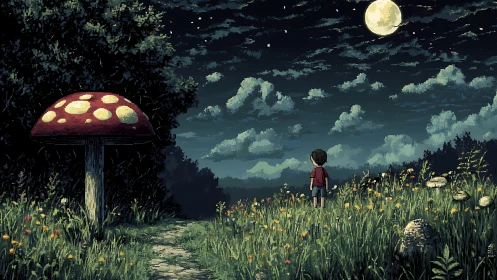 Pixel nocturne renders child and giant mushroom under full moon