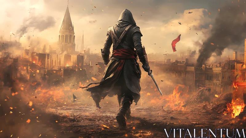 Hooded warrior walks into burning city battlefield scene.