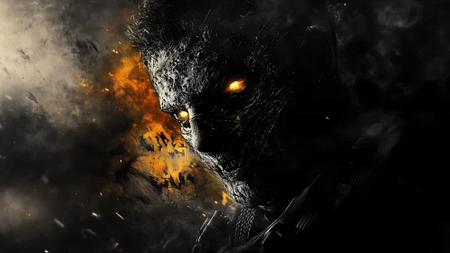 Molten-eyed cyber revenant emerging through infernal smoke.