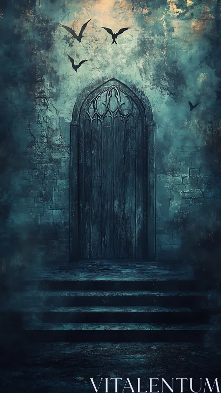 Gothic stone doorway shrouded in mist and circling bats.