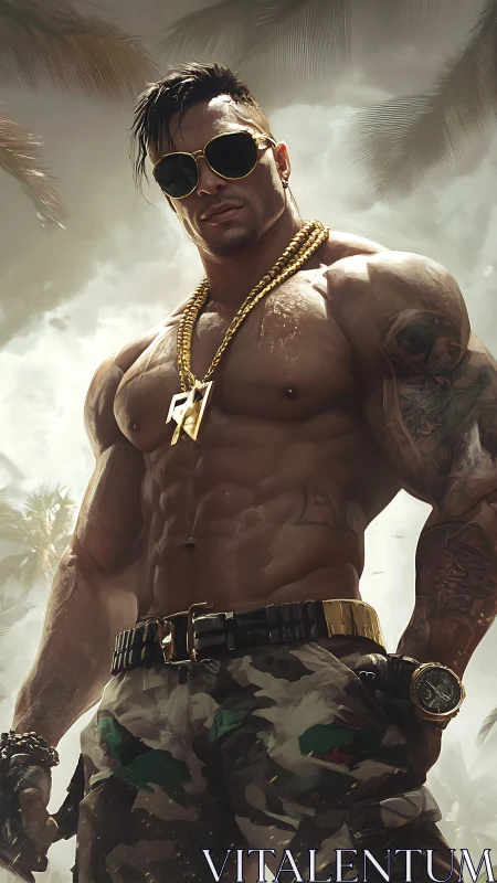 Muscular warrior in gold and camo dominates a tropical storm