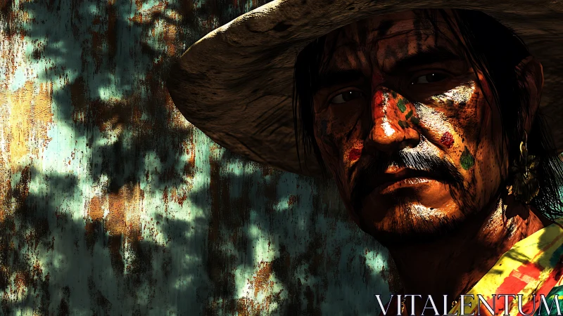 Weathered cowboy in dramatic shadow and peeling light.