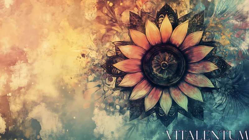 Radial mandala flower with textured watercolor grunge background