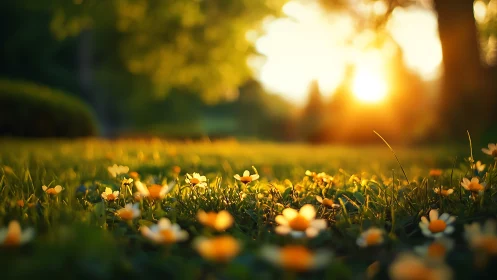 Warm sunset light drapes a meadow of tiny glowing flowers