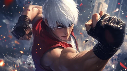 White-haired fighter holds a forward punch in urban debris