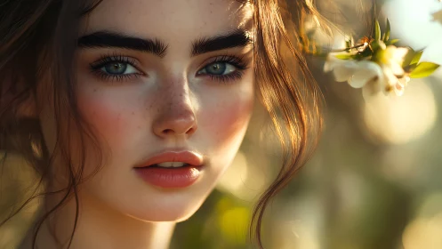 Digital portrait shows close young woman in soft sunset light