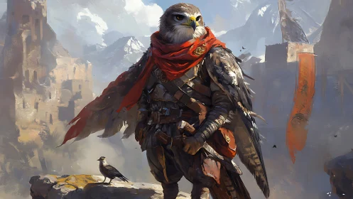 Armored falcon warrior stands over ruined citadel in painterly light