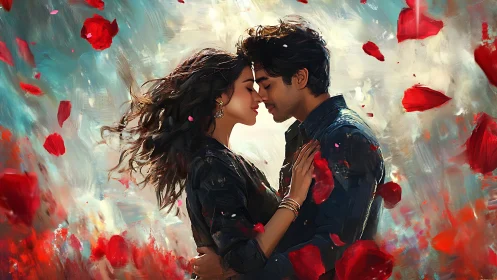 Romantic Couple Embracing Among Ethereal Red Rose Petals
