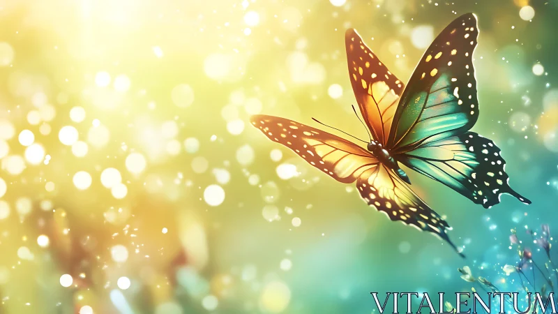 Butterfly with multicolored wings flies through glowing bokeh light