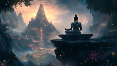 Silent bronze mystic contemplates a glowing mountain city