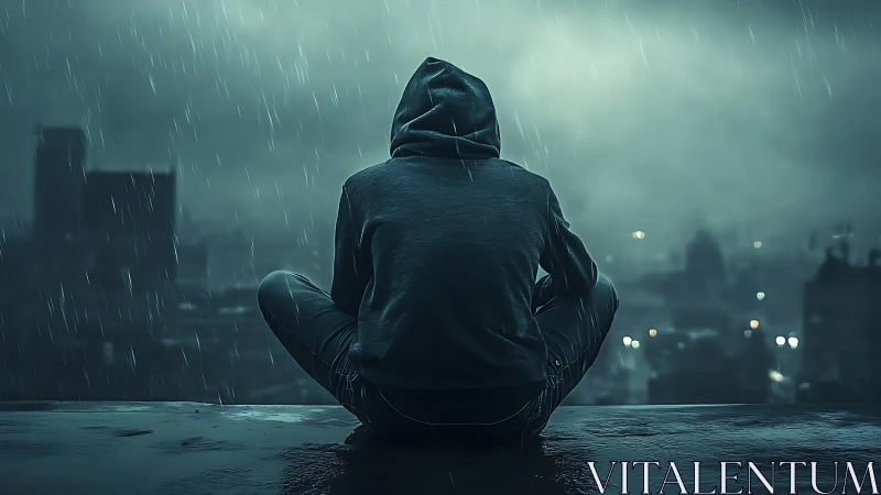 Hooded rooftop dreamer soaking in a neon-soaked rainstorm.