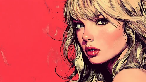 Bold comic-style blonde portrait glows against vivid red