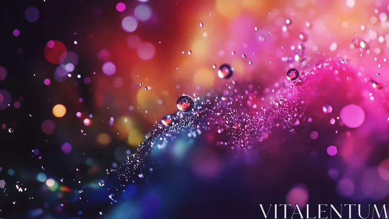 Glittering droplets surf cosmic neon waves in velvet night