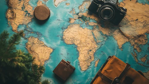 Analog travel kit on vintage world map in warm light.