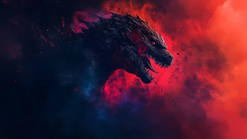 Roaring cosmic dragon emerging from swirling nebula fire.