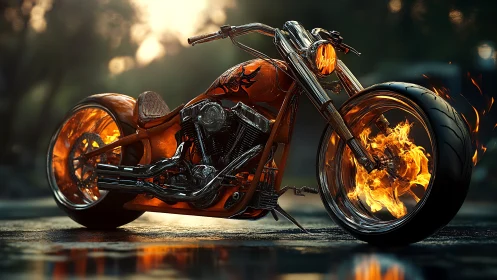 Flaming orange custom chopper motorcycle with inferno wheels