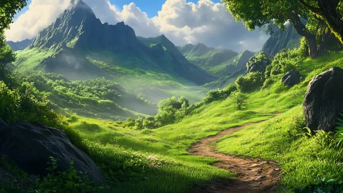 Sunlit mountain valley with winding dirt path in foreground.