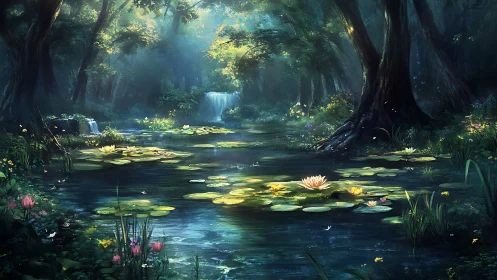 Lily-covered forest pond with distant cascading waterfalls.
