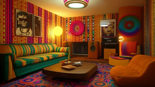 Psychedelic lounge glows with retro stripes and neon warmth