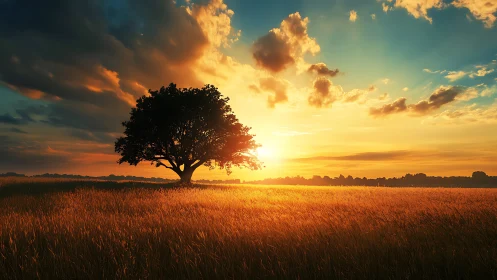 Lone tree in golden wheat field at vivid sunset sky.