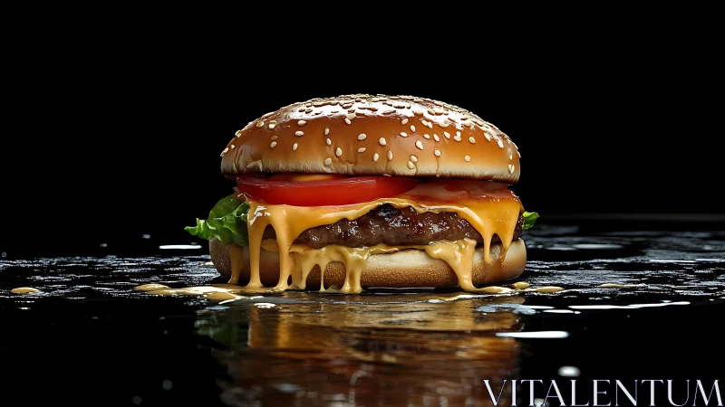 High-gloss cheeseburger on black background with melted cheese