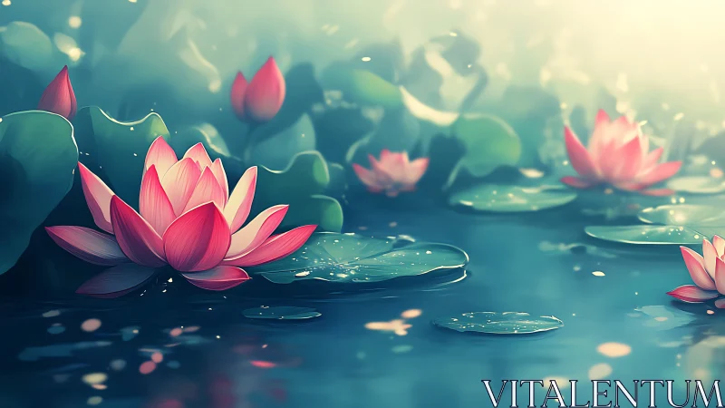 Digital lotus flowers on pond with soft light and foliage.