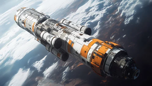 Orbital freight titan drifts above storm-streaked planet