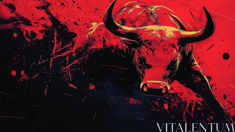 Charging bull explodes from a red and black abstract storm.