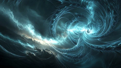 Fractal storm vortex with luminous cyan plasma currents.