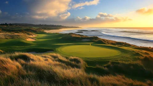 Coastal links golf green under dramatic sunset light.