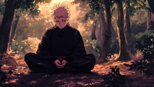 Solitary robed figure seated cross-legged in forest light.